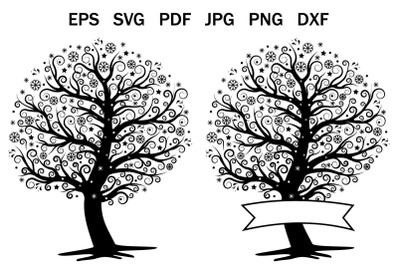 Winter tree with snowflakes&2C; svg printing template