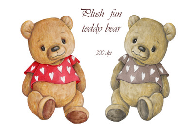 Plush Fun Teddy Bear. Watercolor illustration.
