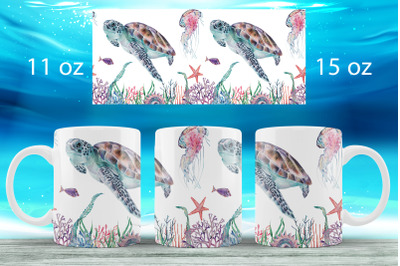 Turtle mug wrap Ocean mug sublimation png Underwater life