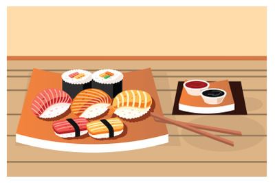 Various kinds of sushi served on plate