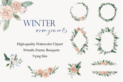 Winter wreath clipart Watercolor Christmas frame PNG holiday banner pi