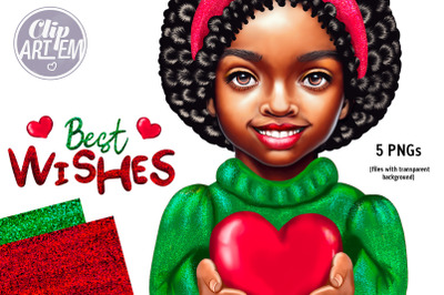 Sweet Christmas Greeting Girl with Heart, New Year Clip Art images