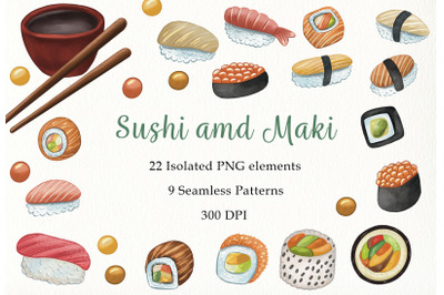 Sushi and Maki Hand drawn graphics. Japanese sushi clip art, patterns.
