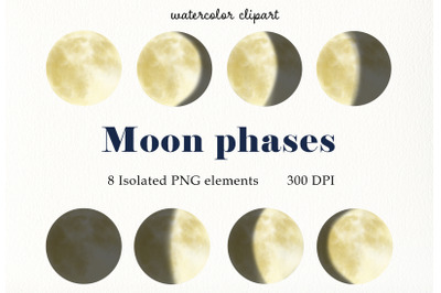 Watercolor moon phases celestial clipart for invitation, calendar PNG