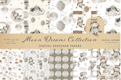 Moon Dreams Seamless Patterns - Digital Paper Set - Nursery Art - Fabr