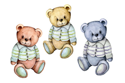Three Teddy bears in retro style. Watercolor illustration.