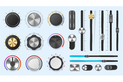 Audio mixer dials. Volume adjustment levels metal knobs and slider reg