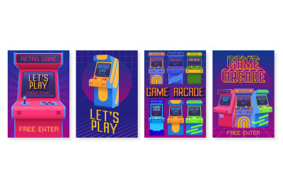 Retro gaming posters. Arcade game event invitation flyer, lets play po