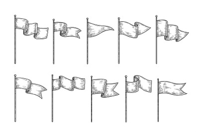 Hand drawn flags. Sketch waving fabric on pole, different flag engravi