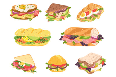 Cartoon sandwich. Delicious panini with vegetables, salmon and meat. C