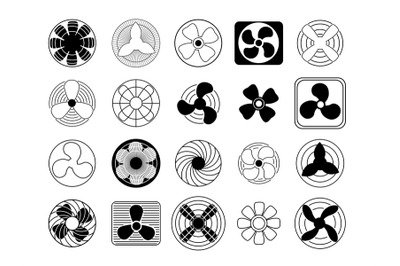 Cooling fans. Cool propeller blades, climate equipment symbols and ele