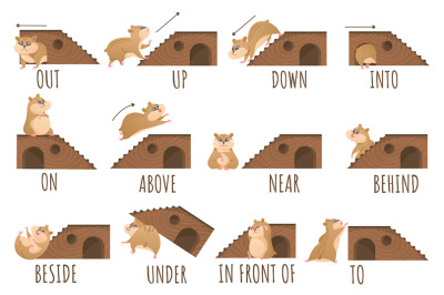 Learn prepositions of place and movement. Hamster character in differe