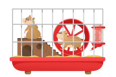 Cartoon hamster cage. Cute pet runs in wheel, pair of small happy hams