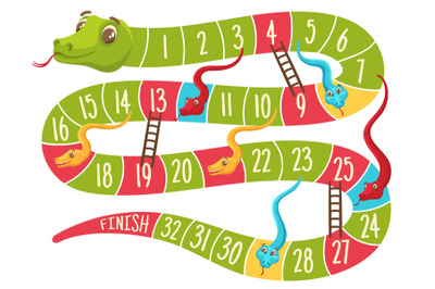 Snake and ladders game. Level grid board with cute color snakes for ki