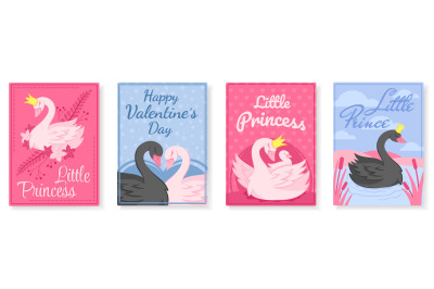 Swans posters. Elegant baby little princess and prince swans, valentin