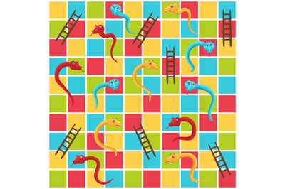 Snake and ladders grid. Color tiles game board with cute snakes and la