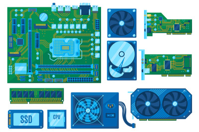 Components for computer build. PC motherboard, HDD and SSD. RAM bar, C