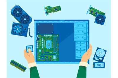 Computer assembly. Pc building, hardware repair or CPU upgrade. Person