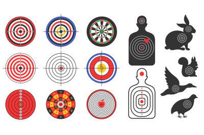 Shooting range target. Human and animals silhouette targets with bulle