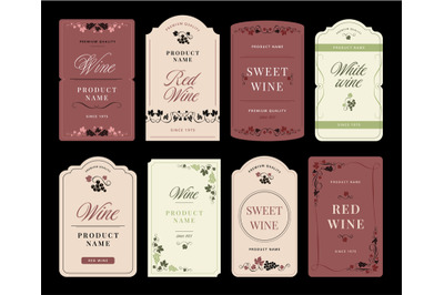 Floral wine bottle label. Winery sticker template with grapes vine, ve