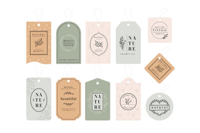 Beauty product tags. Vertical tag template with floral branches and le