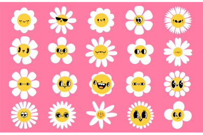 Cartoon flowers faces. Smiled character with petals, spring mascot fac