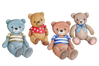 Four cute retro teddy bears. Watercolor illustration.