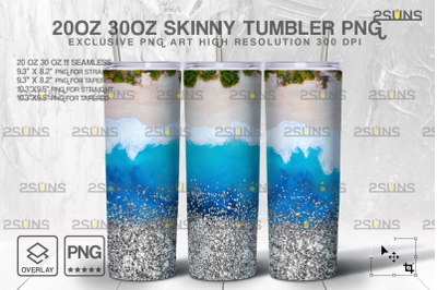 20oz Sea Glitter Silver Skinny Tumbler SEAMLESS Design, Sublimation PN