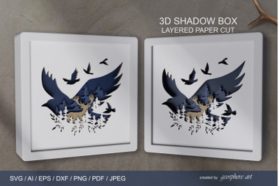 3D Christmas Bird Shadow box. Layered papercut SVG / DXF