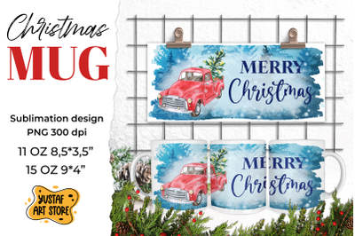 Merry Christmas sublimation mug. Watercolor Red truck PNG