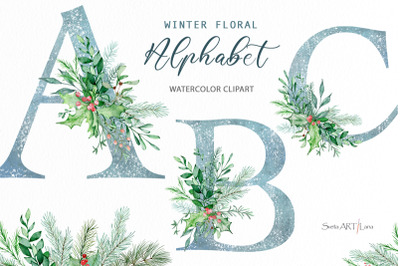 Watercolor winter floral alphabet clipart