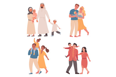 Families of different nationalities. Parents with children wearing tra