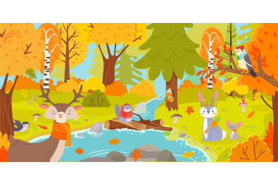 Autumn forest. Nature landscape with trees and falling leaves and wild