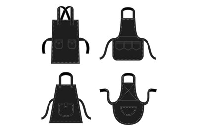 Black kitchens aprons of different shapes with pockets. Professional u