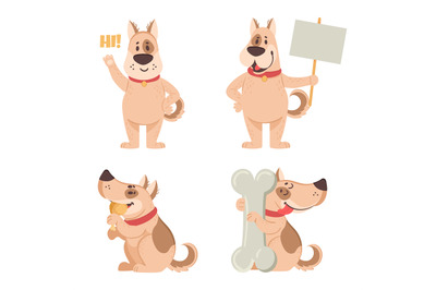 Cartoon cut dog mascot. Funny domestic characters holding blank placar