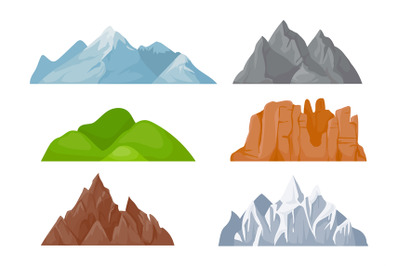 Cartoon mountains ridges. Nature landscape elements with snowy tops, g