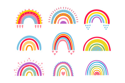 Cartoon rainbows with heart, rain drops for kids. Cute bright colorful