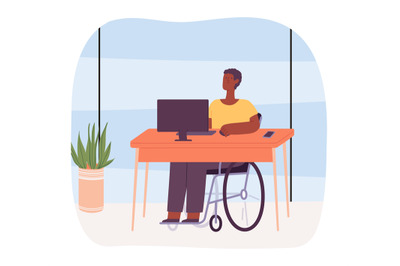 Disabled person at work. Male character on wheelchair sitting at desk