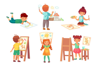 Drawing children&2C; kid illustrator.Little boys and girls painting home&2C;