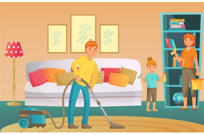 Family housework. People cleaning living room together. Father vacuumi