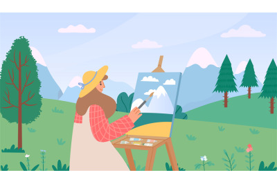 Female artist painting summer nature. Woman in hat sitting outdoor on