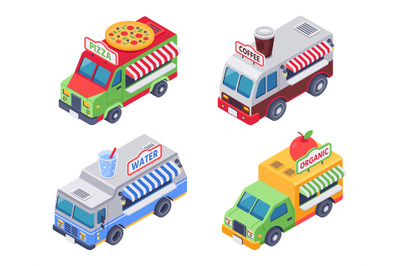 Isometric food trucks selling pizza, hot coffee, water and organic veg