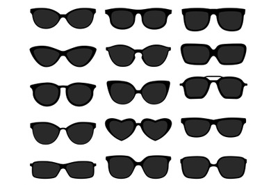 Black sunglasses icon set. Dark optic glasses and frames isolated on w