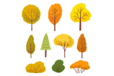 Yellow autumn trees. Colorful green and orange park or forest trees an