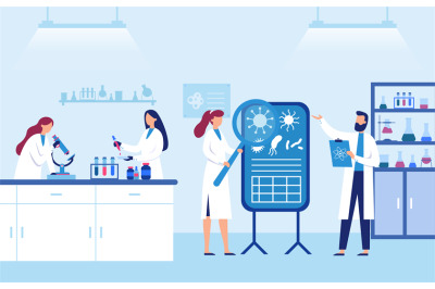 Scientists work in laboratory. Man and female lab workers in white coa