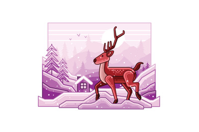 Winter Landscape with Deer Line Illustration