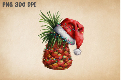 Xmas Pineapple In Santa Hat Watercolor