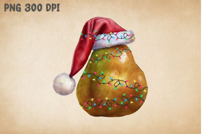 Xmas Pear In Santa Hat Watercolor