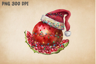 Xmas Pomegranate In Santa Hat Watercolor