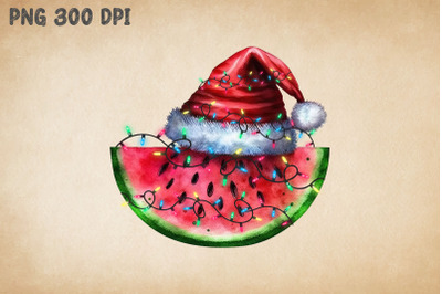 Xmas Watermelon In Santa Hat Watercolor